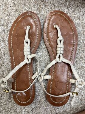 Coach Cream Leather T-Strap Sandals with Brown Footbed